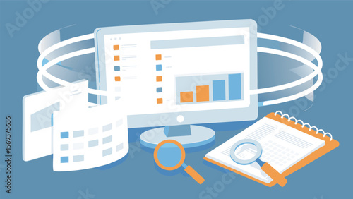 Illustration of a computer screen displaying charts and graphs with documents scattered around it