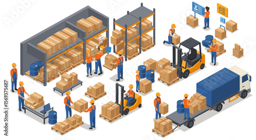 Isometric warehouse and logistics operations vector illustration for business and industry design