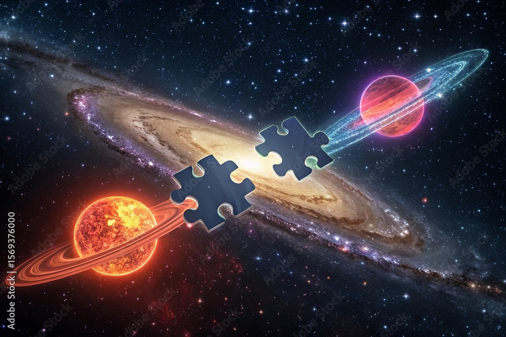 Two puzzle pieces glowing like planets for unique Friendship Day concepts Two puzzle pieces glowing like planets for unique Friendship Day concepts