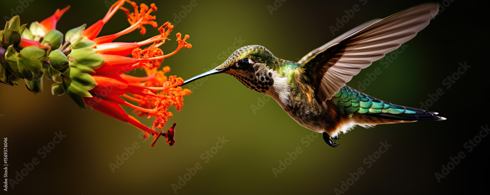 Fototapeta premium Hummingbird hovering near vibrant red flower in lush garden during sunny afternoon