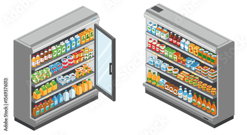 Isometric vector illustration of supermarket refrigerated display with groceries for retail design