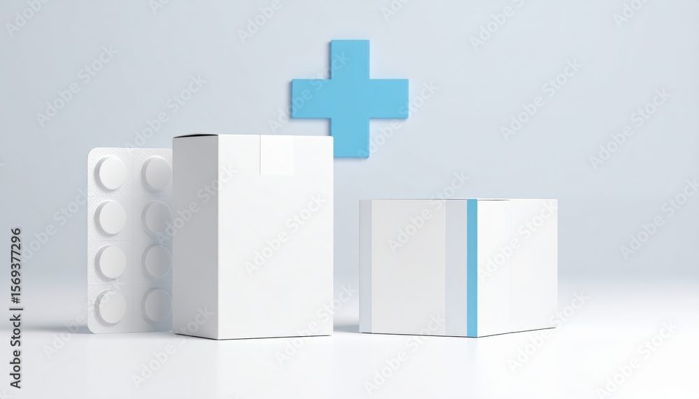Fototapeta premium Medical Packaging Mockup: Clean and simple mockup of blank medicine packaging, including blister pack and boxes, with a subtle blue cross symbol, ideal for healthcare branding and advertising.