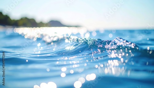 Ocean's Embrace: A tranquil scene, the azure water glistens in the bright sunlight. Witness the serene dance of light and water, inviting you to feel the freshness.
