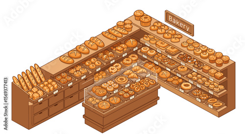 Isometric bakery display vector illustration for pastry shop design