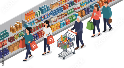 Isometric vector illustration of people shopping in a grocery store aisle