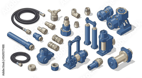 Industrial hydraulic components vector illustration for engineering and design