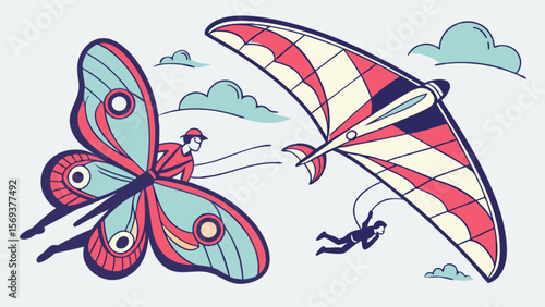 Butterfly wingsuit flying and hang gliding extreme sports adventure in the sky illustration design