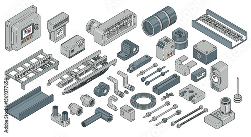 Industrial machinery parts vector illustration in isometric style for technical design