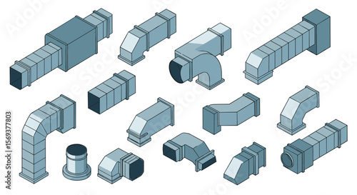 Isometric vector illustration of industrial ventilation ducts collection for engineering design