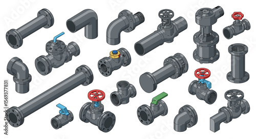 Industrial plumbing components vector illustration: isometric design for technical print and poster
