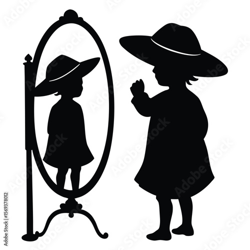 Silhouette of a Young Girl with a Hat Looking in a Standing Mirror Admiring Herself