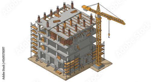 Isometric vector illustration of building under construction with crane for architecture design
