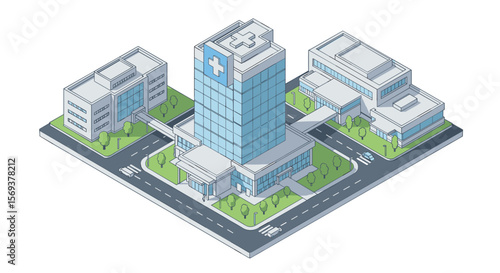 Isometric hospital complex vector illustration for healthcare design