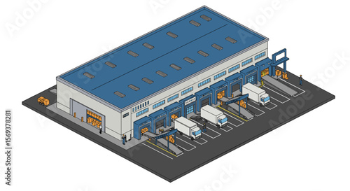 Isometric warehouse logistics vector illustration for supply chain and transport design