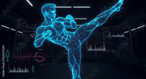 A blue wireframe human figure performs a martial arts kick overlaid with various data graphs and visualizations