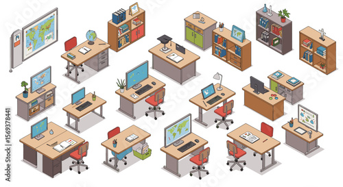 Isometric classroom and office furniture vector illustration for educational and workspace design