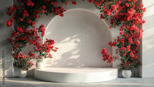 White round stage with arch backdrop featuring vibrant red roses and flowers in white pots, sunlight casting soft shadows, romantic and elegant atmosphere for wedding or event decoration