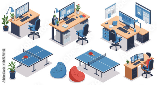Isometric vector illustration of modern office workspace with desk setup and recreational area for design projects