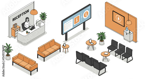 Isometric office lobby vector illustration with reception and waiting area furniture design