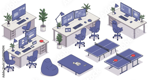 Modern office workspace with computer desks and ping pong tables vector illustration for design and decoration