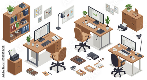 Modern office workspace vector illustration: isometric design for business interiors