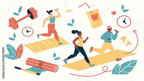 Fitness workout routine with running and weightlifting for healthy lifestyle and wellness training concept