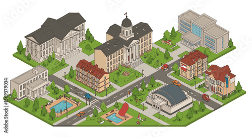 Isometric cityscape with public buildings and park features vector illustration for urban design