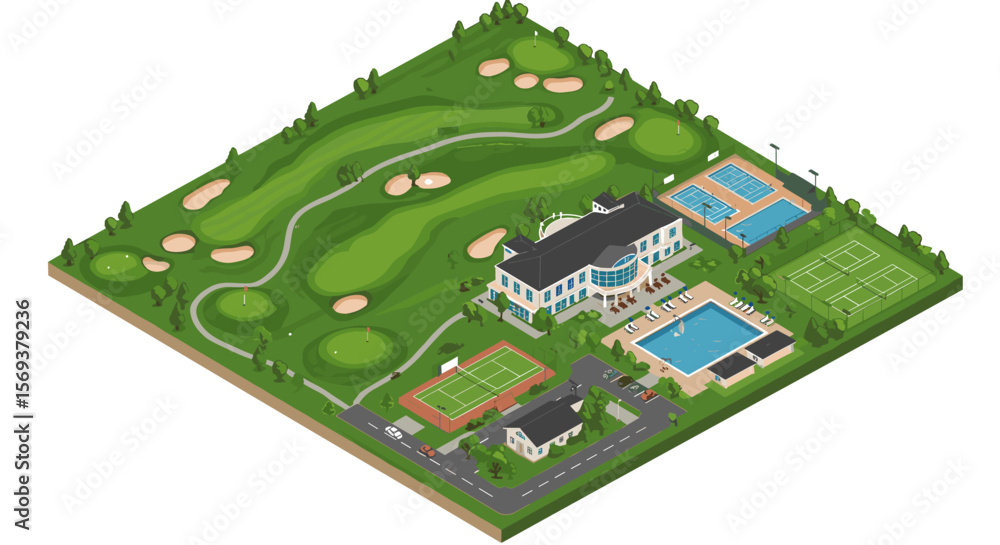 Fototapeta premium Isometric vector illustration of luxury golf resort with tennis courts and swimming pools