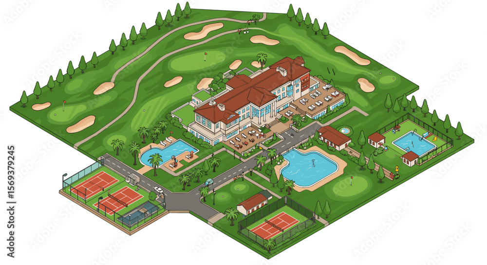 Isometric vector illustration of a luxurious country club with golf course and pool for events and recreational design Isometric vector illustration of a luxurious country club with golf course and pool for events and recreational design