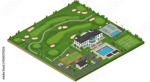 Isometric vector illustration of luxury golf resort with tennis courts and swimming pools