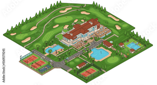 Isometric vector illustration of a luxurious country club with golf course and pool for events and recreational design