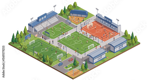 Isometric sports complex vector illustration: soccer, basketball, and tennis courts scene for design