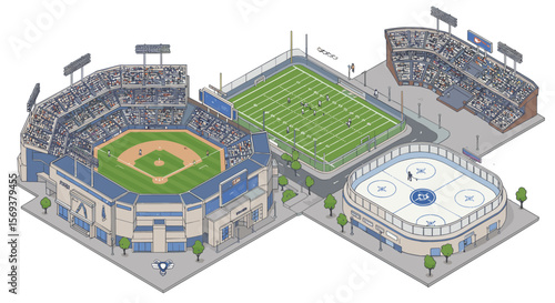 Sports complex with baseball, soccer, and ice hockey stadiums isometric vector illustration for design projects