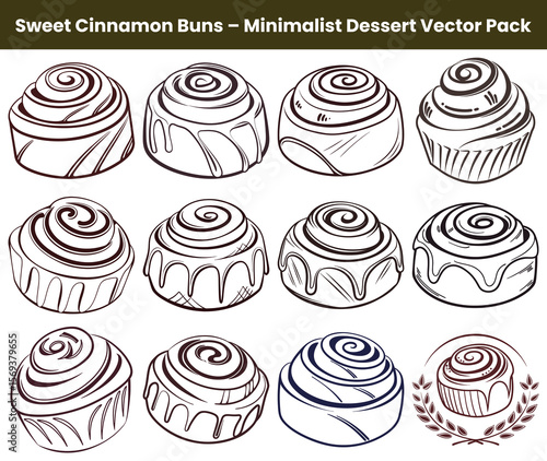 Cartoon Cinnamon Buns Set, Detailed Bakery Illustrations, Dessert Outlines
