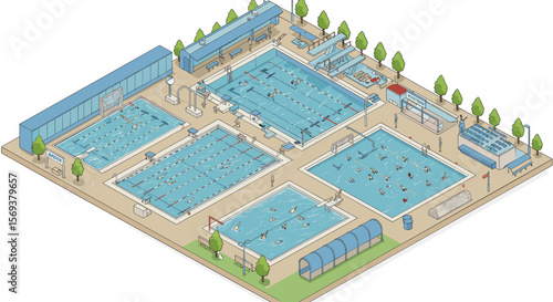 Isometric vector illustration of waterpark with multiple pools for summer recreation design