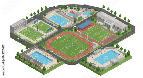 Isometric illustration of outdoor sports complex with fields and pools for recreation design