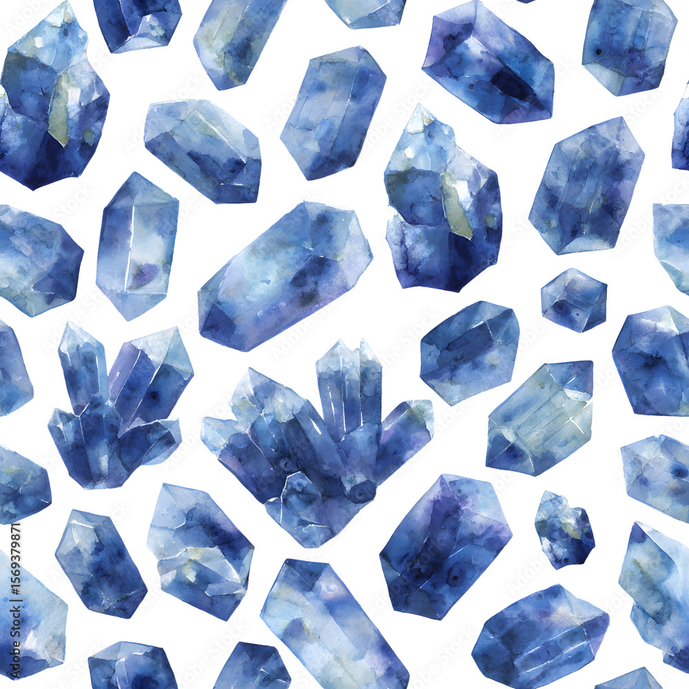 Seamless watercolor pattern featuring clusters of blue crystals and gemstones. The cool tones and faceted shapes are ideal for wrapping paper, fabric design, backgrounds, and mystical projects. Seamless watercolor pattern featuring clusters of blue crystals and gemstones. The cool tones and faceted shapes are ideal for wrapping paper, fabric design, backgrounds, and mystical projects.