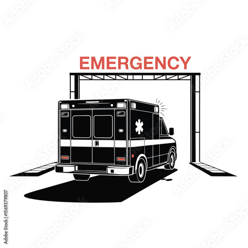 Ambulance arriving at hospital emergency gate, black and white vector illustration symbolizing urgent medical response and healthcare