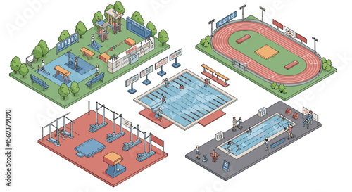 Isometric sports complex vector illustration for olympic themed design projects