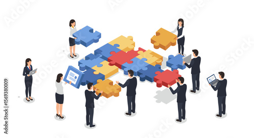 Teamwork and collaboration vector illustration for business solutions in isometric style