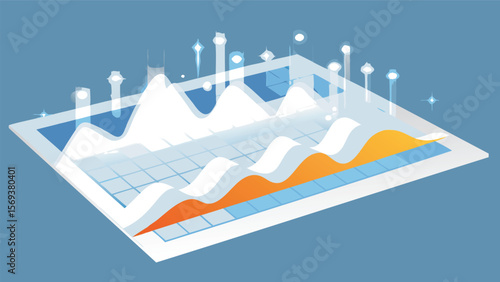 Isometric presentation of data analysis with rising and falling line graphs and grid background
