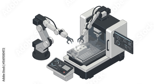 Isometric vector illustration of industrial robot arm with cnc machine for manufacturing automation design