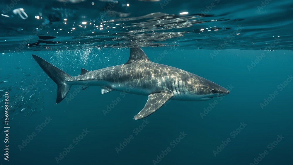 Obraz premium A powerful predatory shark swims through the deep, mysterious waters of oceans and seas, symbolizing strength, danger, survival, marine life, fear, and the untamed force of nature beneath the surface