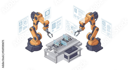 Futuristic robotics assembly line vector illustration in isometric style for technology design