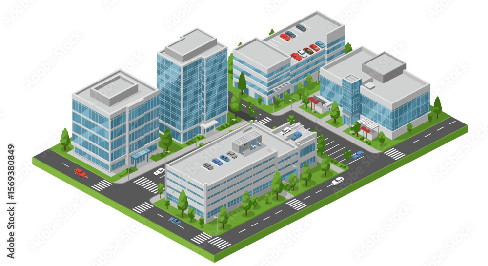Isometric cityscape vector illustration of urban office buildings and streets for design projects Isometric cityscape vector illustration of urban office buildings and streets for design projects