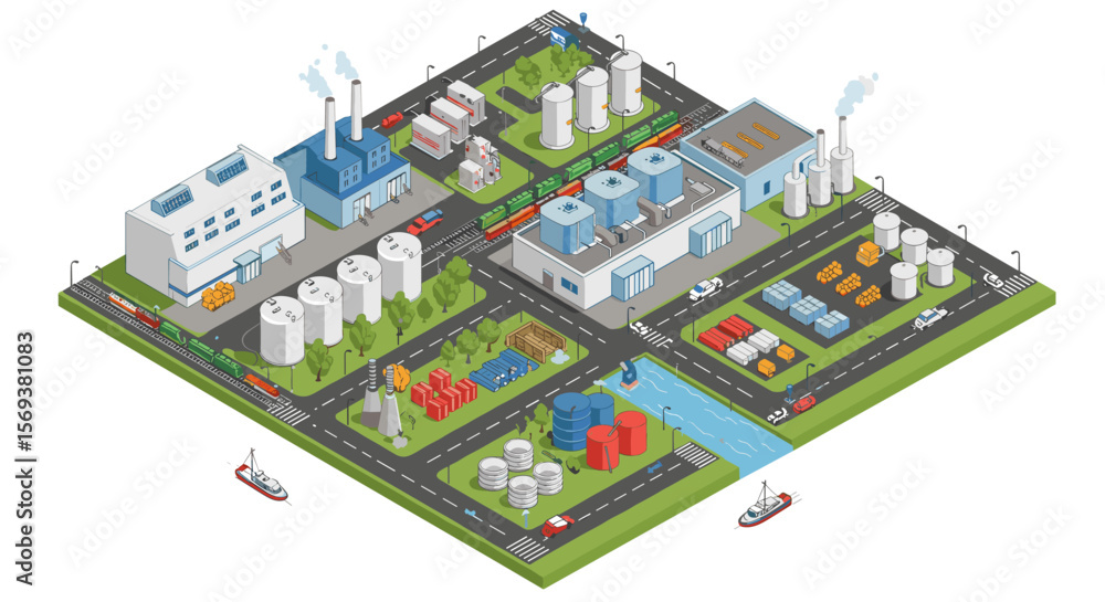 Isometric vector illustration of an industrial factory complex with roads and shipping Isometric vector illustration of an industrial factory complex with roads and shipping