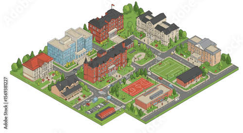 Isometric school campus vector illustration featuring buildings and sports fields for educational design