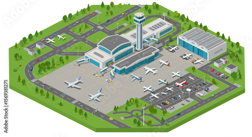 Isometric airport terminal with airplanes and parking lot vector illustration for travel and transport design