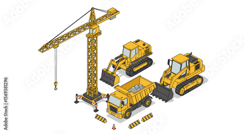 Construction equipment vector illustration: crane, excavator, loader for construction site design