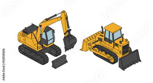 Construction vehicles vector illustration: excavator and bulldozer design for poster or print in isometric style